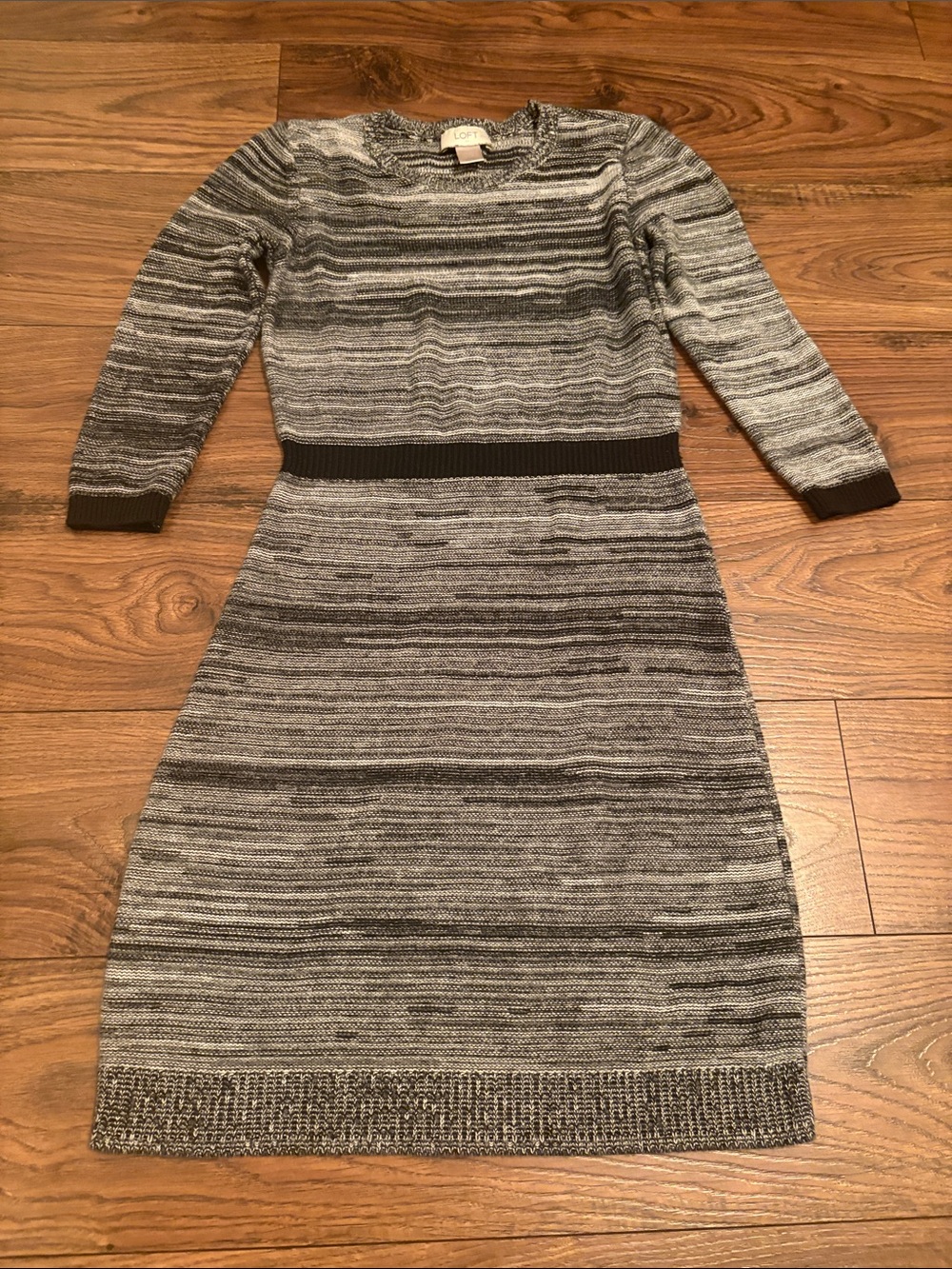 LOFT Black and Gray Striped Knit Dress